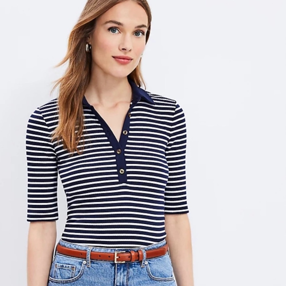 Ann Taylor Loft Women Ribbed Striped Polo Shirt Top